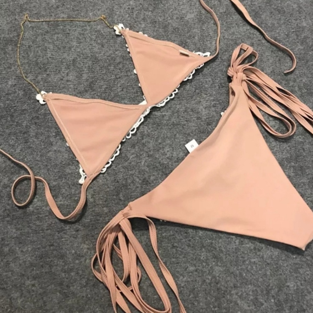 Nude beige lace crystal rhinestone bikini swimsuit yacht beach babe sexy Vegas - Picture 6 of 6